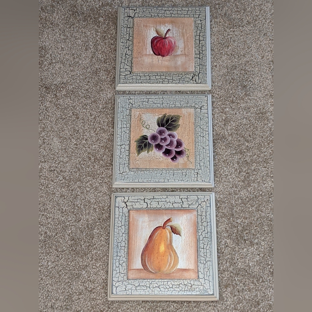 Set of 3 Square Still Life Fruit Plaques, wooden w/crackle detail Sz 6" …